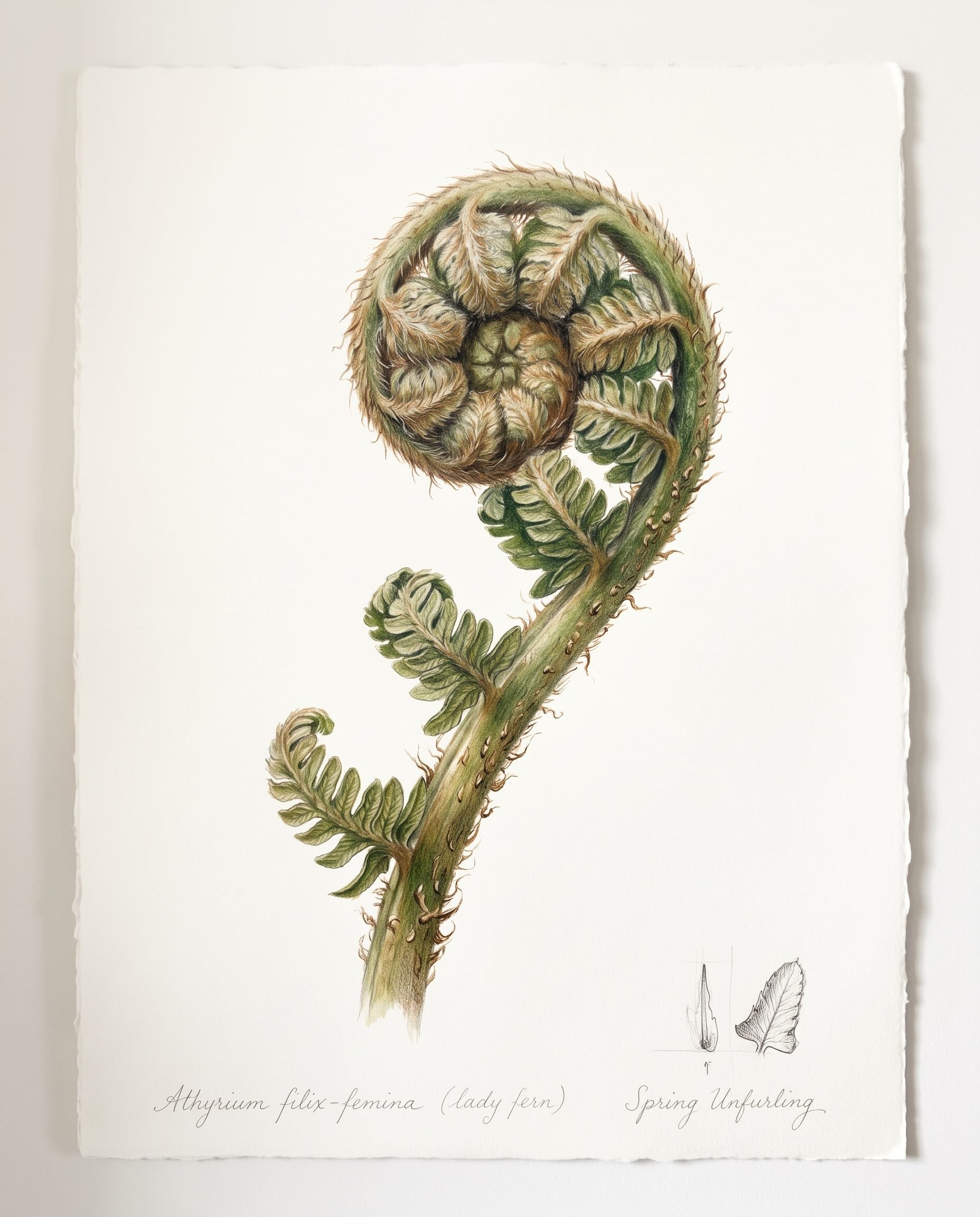 Botanical illustration of an unfurling woodland fern frond