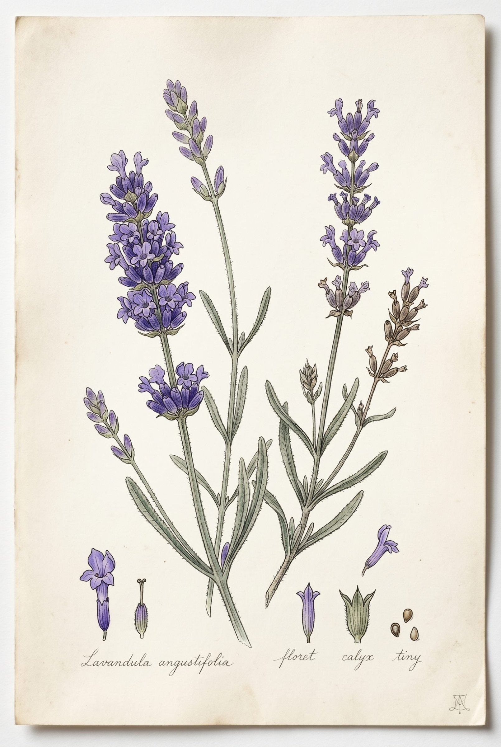 Botanical illustration of wild lavender stems with floret details