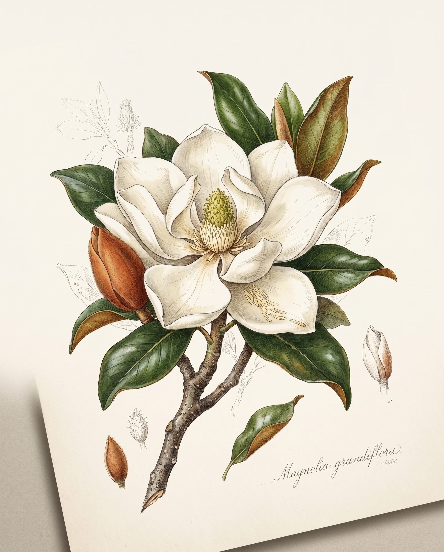 Botanical illustration of a white magnolia blossom with glossy leaves