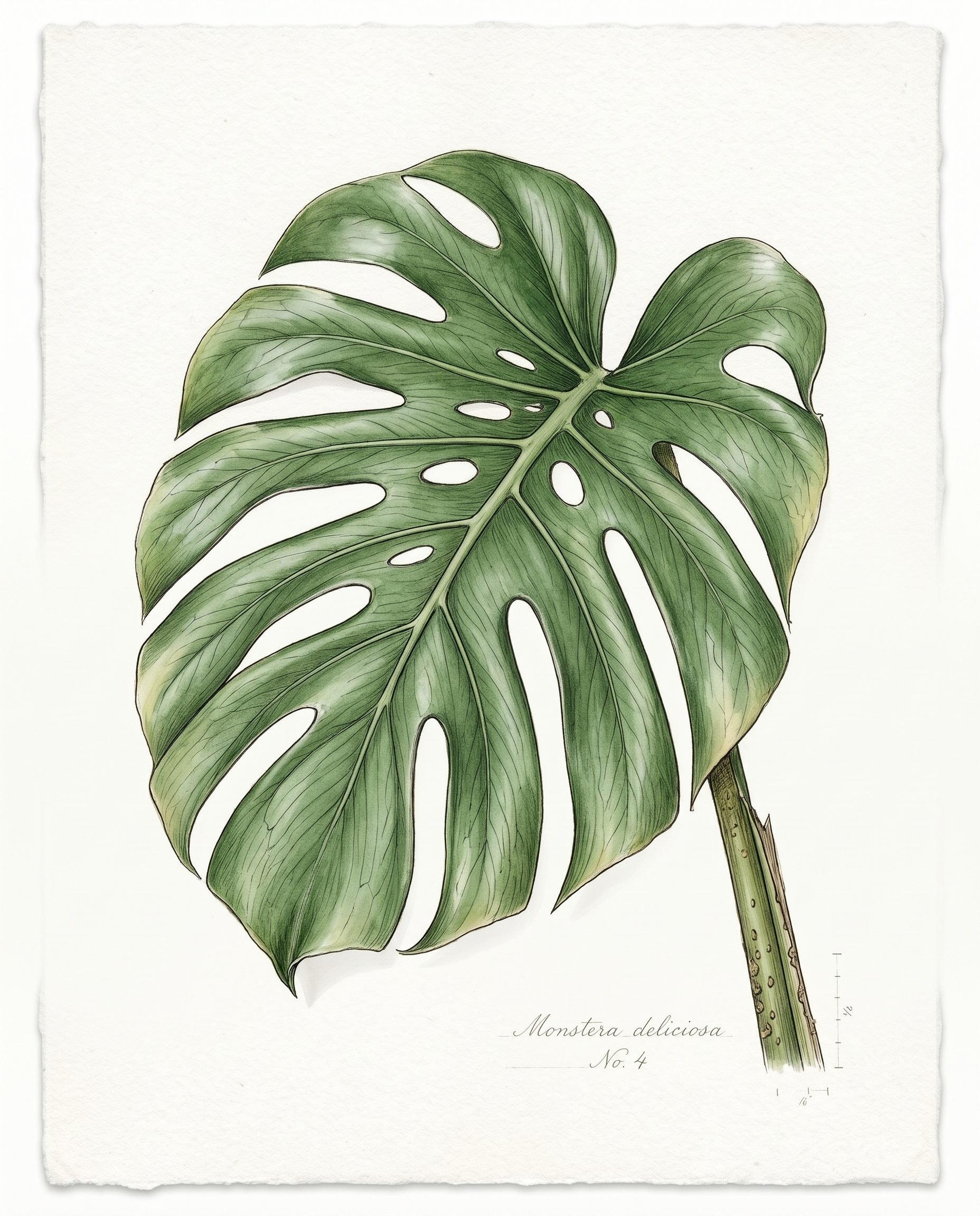 Botanical illustration of a large green monstera leaf