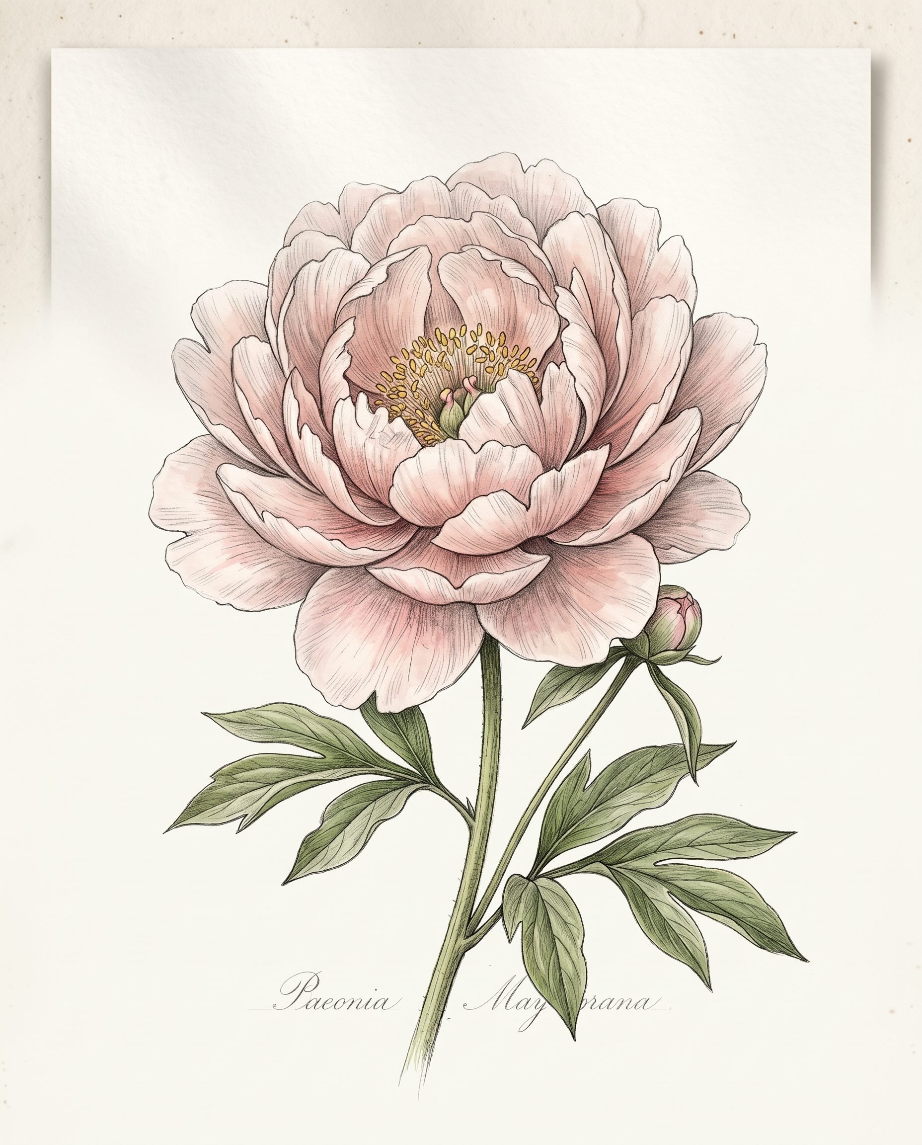 Botanical illustration of a pink peony in full bloom with a bud and green leaves