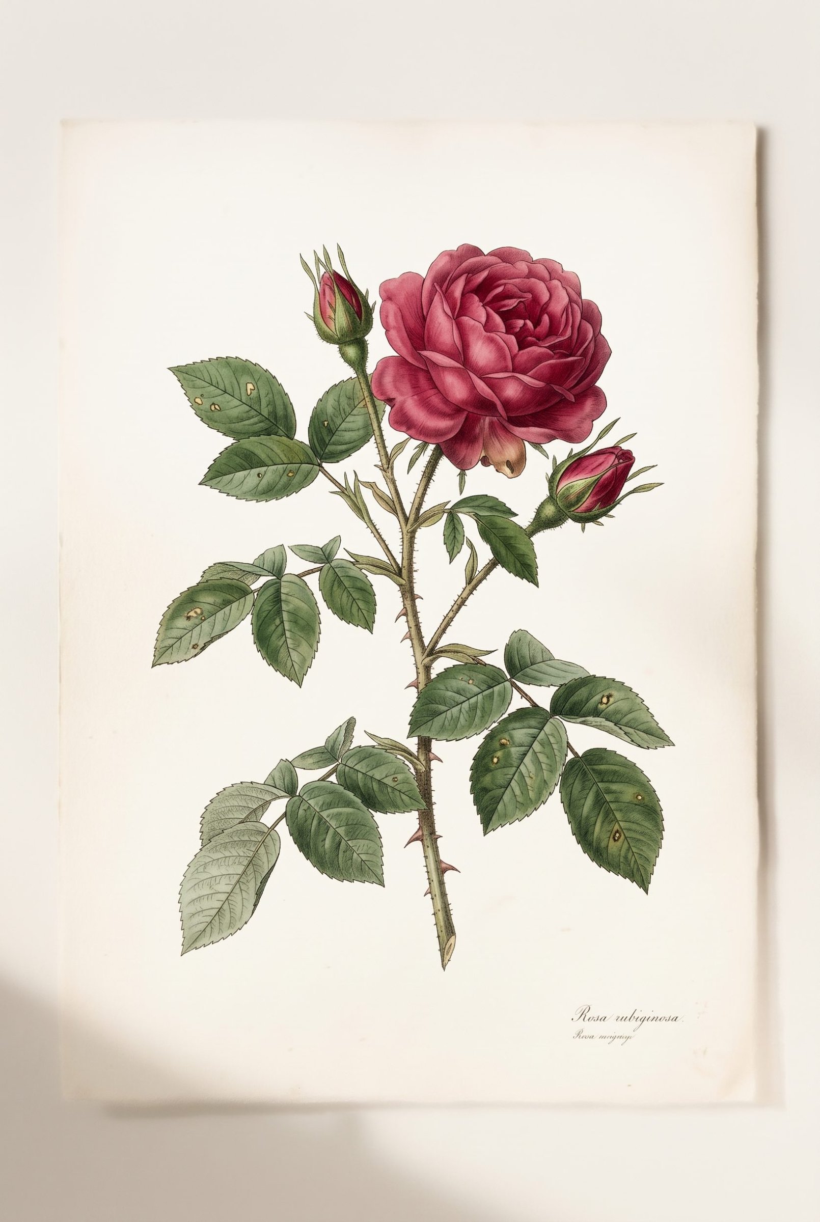 Botanical illustration of a deep crimson rose branch with buds